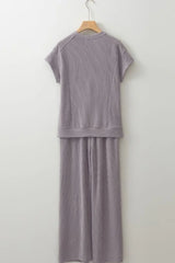 Corded Knit Short Sleeve T-Shirt and Wide Leg Pants Set - Trendsi - Flyclothing LLC