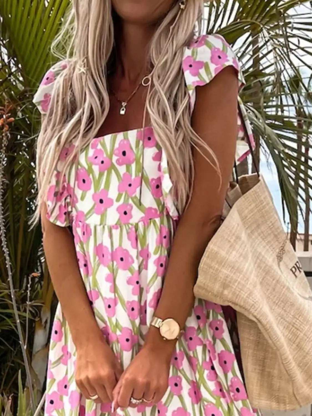 Ruffled Printed Cap Sleeve Midi Dress - Trendsi - Flyclothing LLC