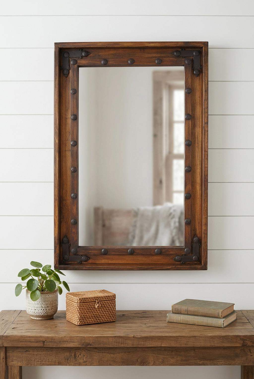 35" Brown Solid Wood Rustic Framed Accent Mirror - HomeRoots - Flyclothing LLC