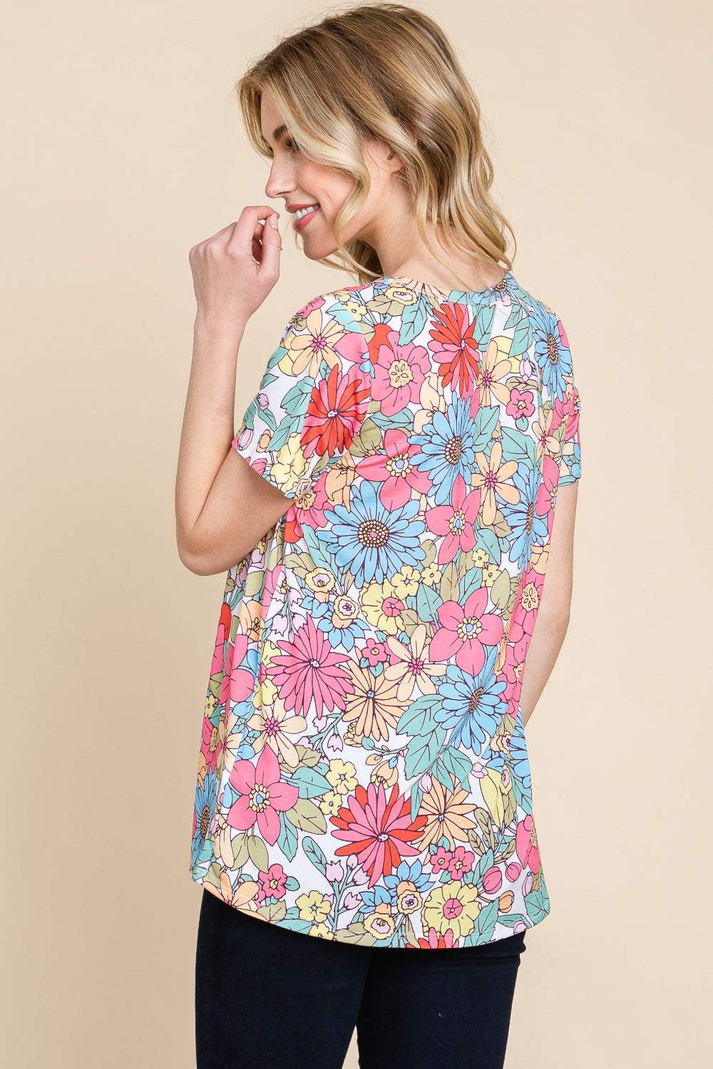 BOMBOM Floral Short Sleeve T-Shirt - Trendsi - Flyclothing LLC