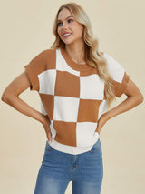 Double Take Full Size Checkered Round Neck Short Sleeve Sweater - Trendsi - Flyclothing LLC