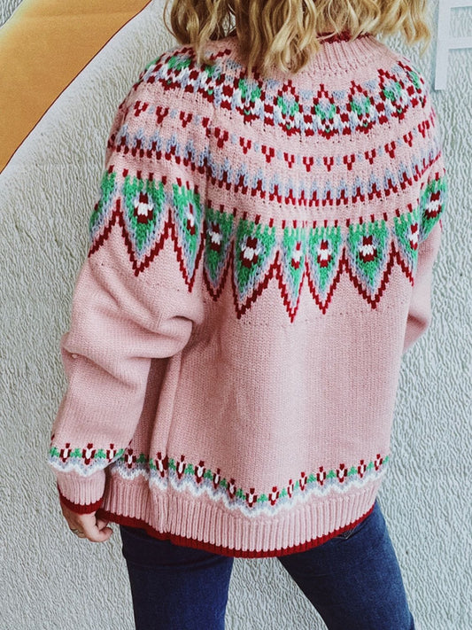 Contrast Geometric Round Neck Long Sleeve Cardigan - Trendsi
