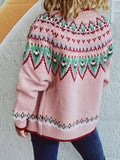 Contrast Geometric Round Neck Long Sleeve Cardigan - Trendsi - Flyclothing LLC