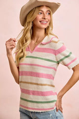 BiBi Multi Colors Stripes Collared Knit Top - Trendsi - Flyclothing LLC