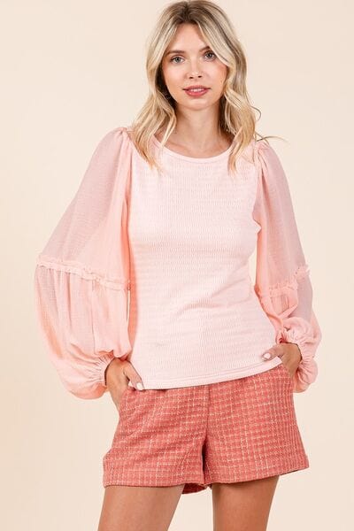 Mittoshop Mixed Media Textured Knit Chiffon Long Sleeve Top - Trendsi