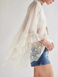 Lace V-Neck Ruffle Long Sleeve Cover-Up - Trendsi
