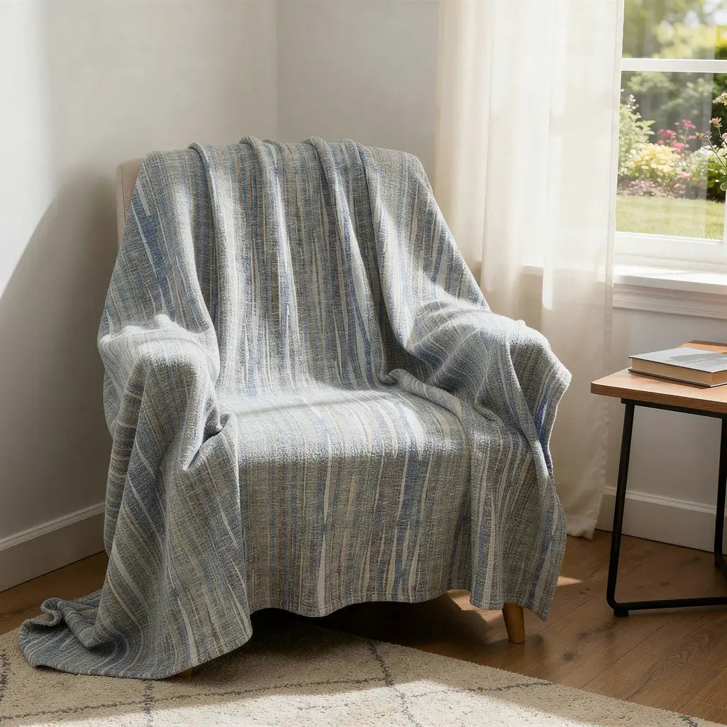 50" X 70" Blue And Beige Striped Microfiber Plush Throw Blanket - Homeroots - Flyclothing LLC