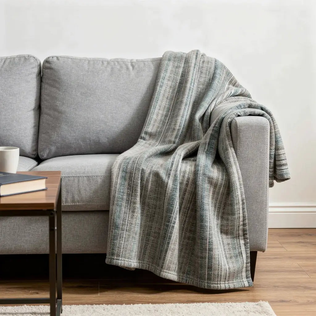 50" X 70" Ivory And Blue Striped Microfiber Plush Throw Blanket - Homeroots - Flyclothing LLC