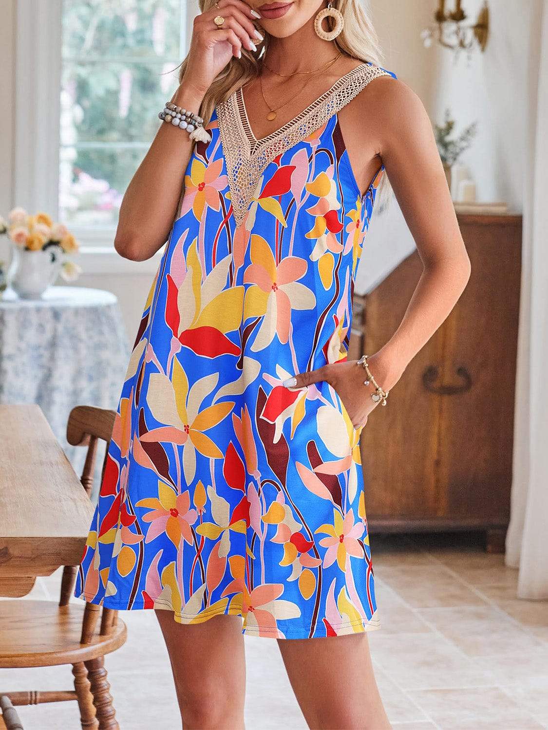 Lace Detail Printed V-Neck Sleeveless Dress - Trendsi - Flyclothing LLC