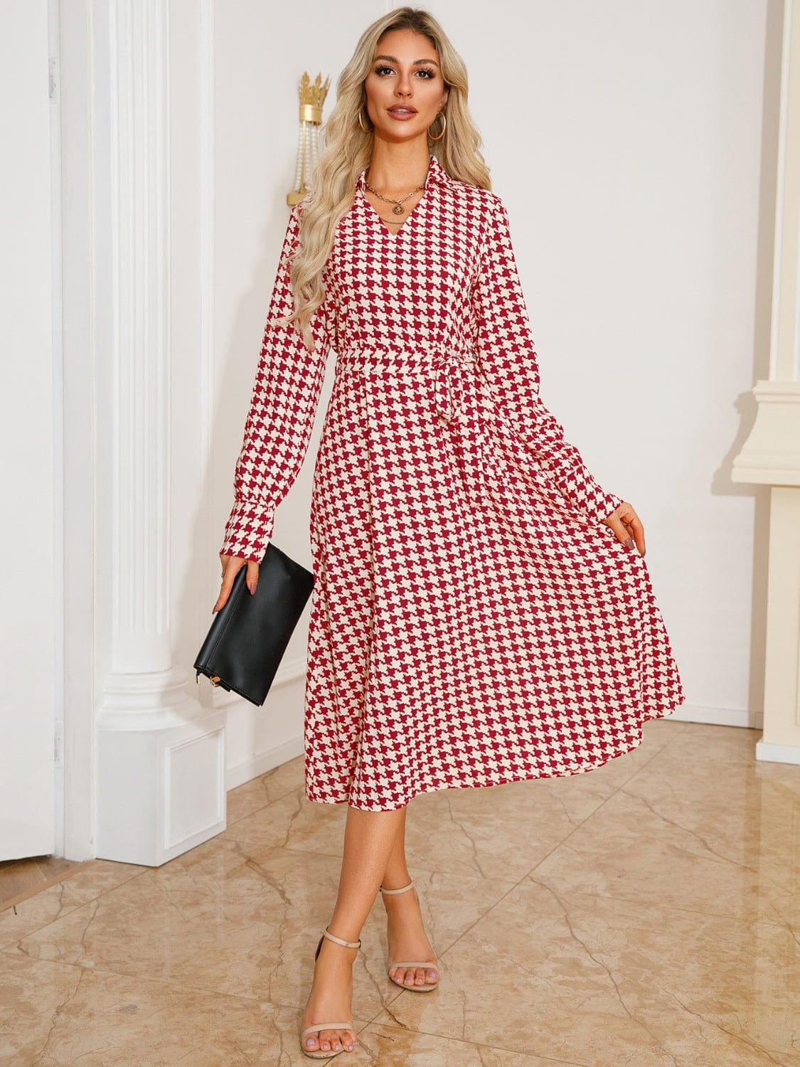 Tied Houndstooth Long Sleeve Midi Dress - Trendsi