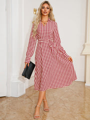 Tied Houndstooth Long Sleeve Midi Dress - Trendsi