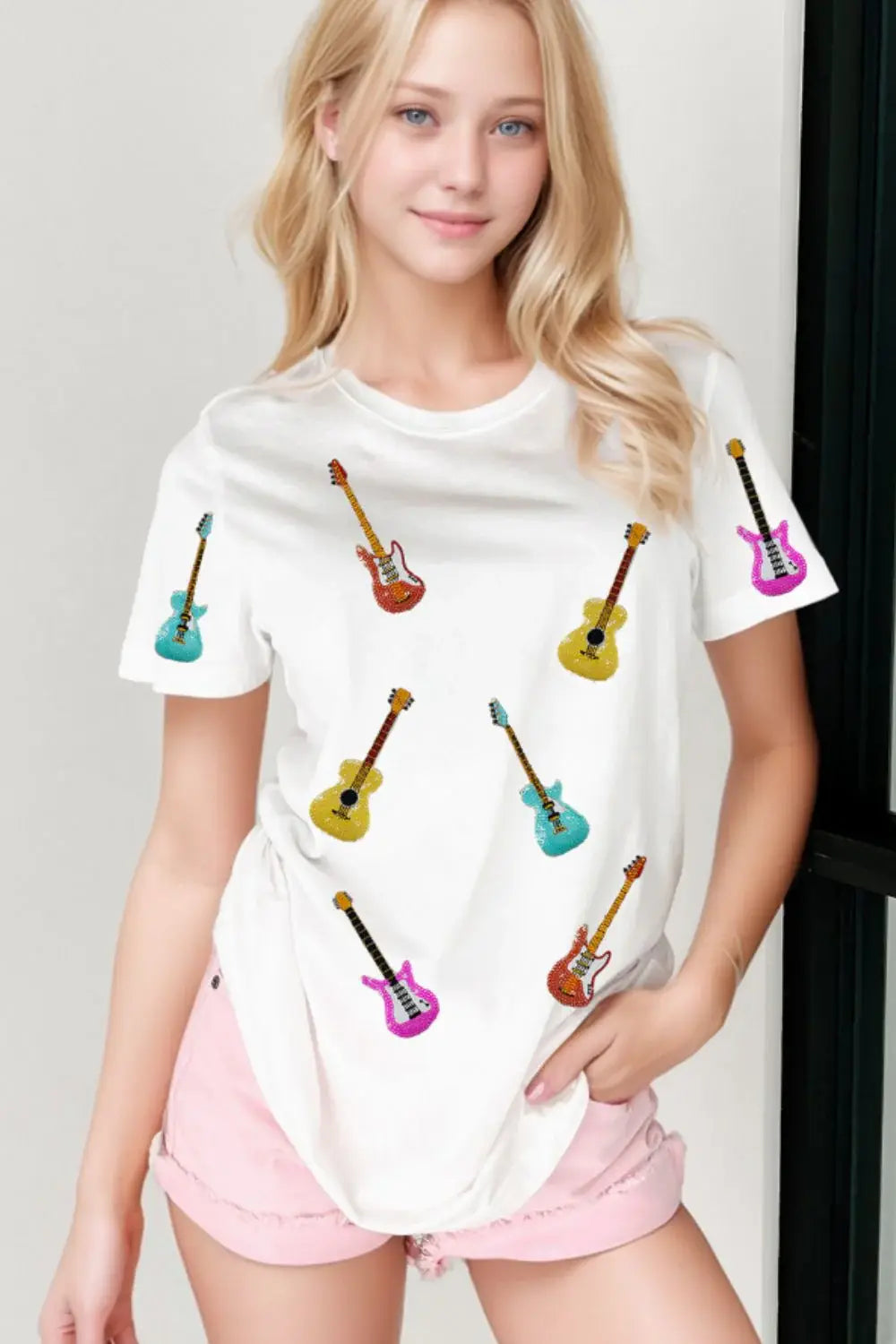 Guitar Crew Neck Short Sleeve T-Shirt - Trendsi - Flyclothing LLC