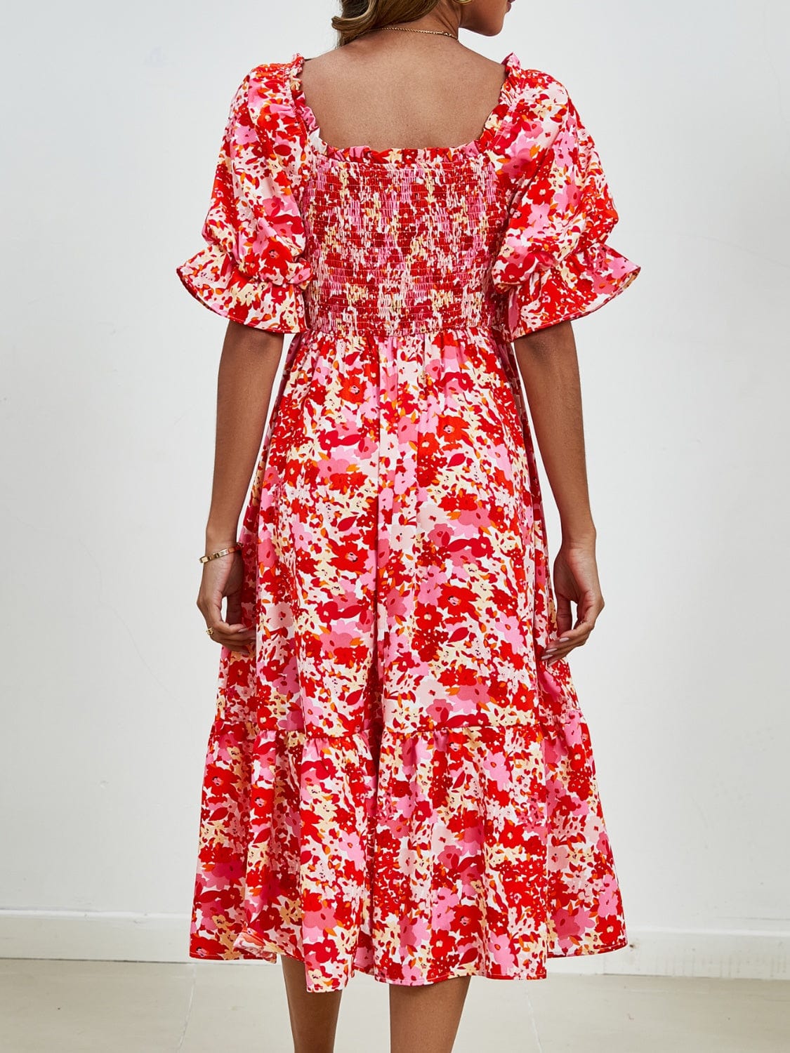 Smocked Floral Square Neck Short Sleeve Dress Trendsi