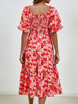 Smocked Floral Square Neck Short Sleeve Dress - Trendsi - Flyclothing LLC