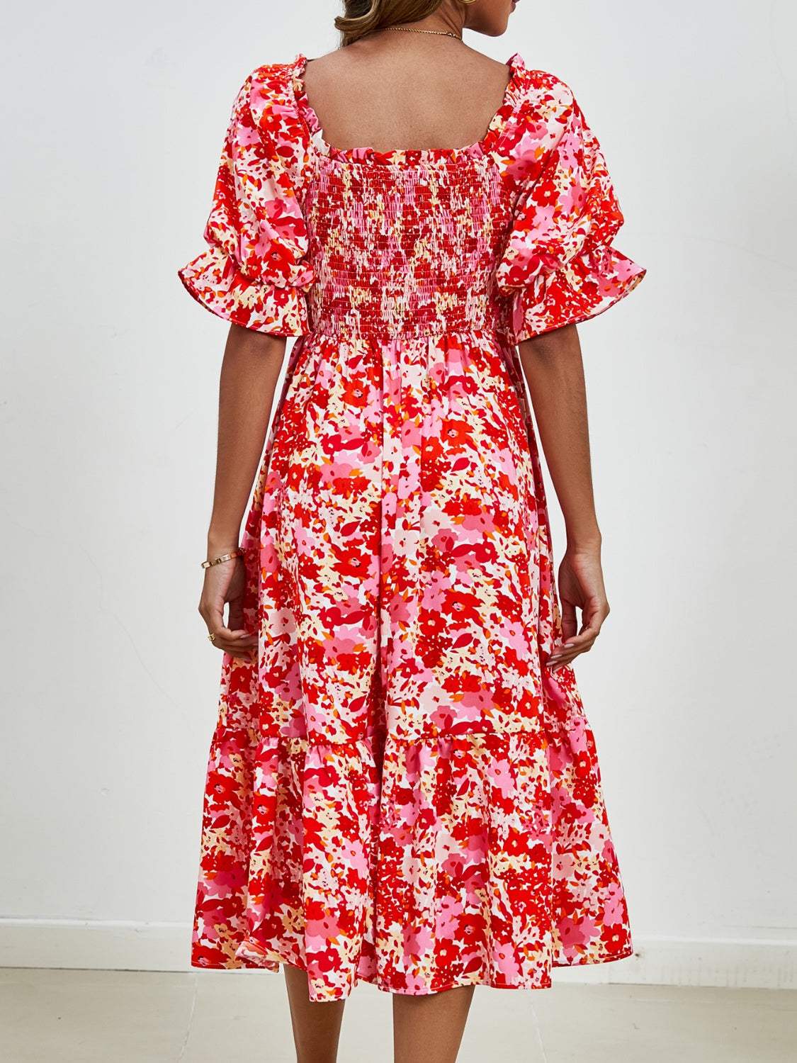 Smocked Floral Square Neck Short Sleeve Dress - Trendsi - Flyclothing LLC