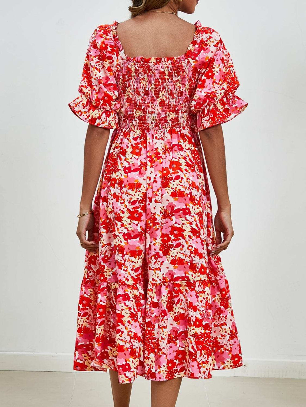 Smocked Floral Square Neck Short Sleeve Dress - Trendsi - Flyclothing LLC