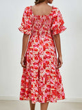 Smocked Floral Square Neck Short Sleeve Dress - Trendsi - Flyclothing LLC