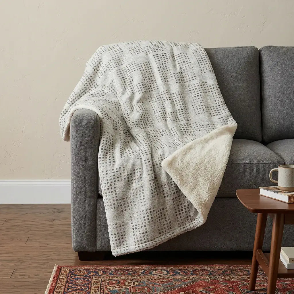 50" X 70" Beige And Charcoal Geometric Polyester Woven Plush Throw Blanket - Homeroots - Flyclothing LLC