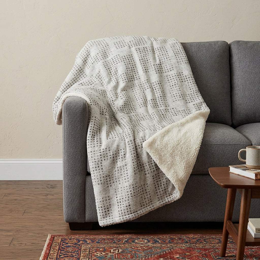 50" X 70" Beige And Charcoal Geometric Polyester Woven Plush Throw Blanket - HomeRoots - Flyclothing LLC