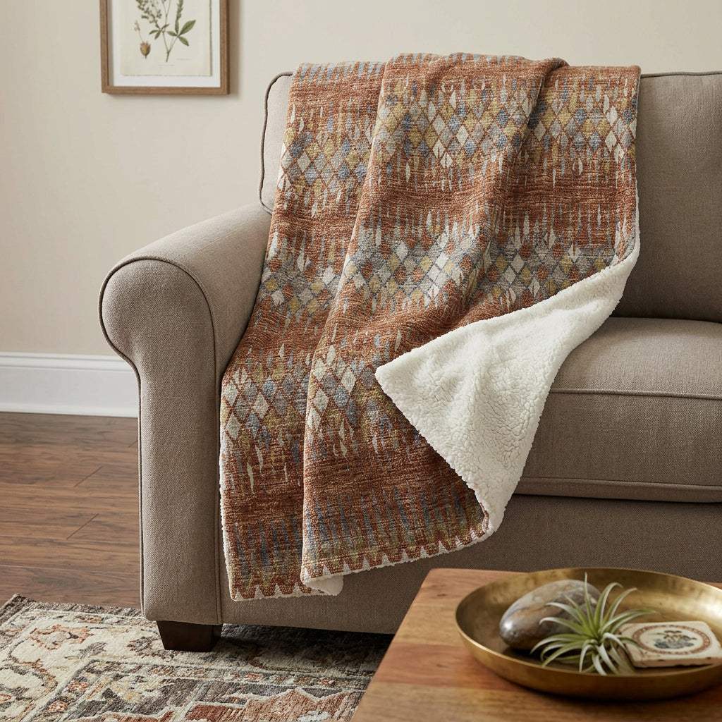 50" X 70" Cinnamon Gold And Blue Geometric Polyester Woven Plush Throw Blanket - HomeRoots - Flyclothing LLC