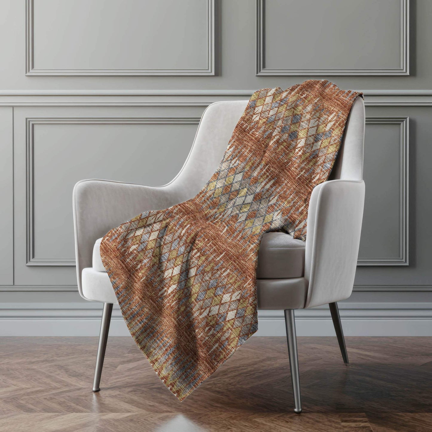 50" X 70" Cinnamon Gold And Blue Geometric Polyester Woven Plush Throw Blanket - HomeRoots - Flyclothing LLC