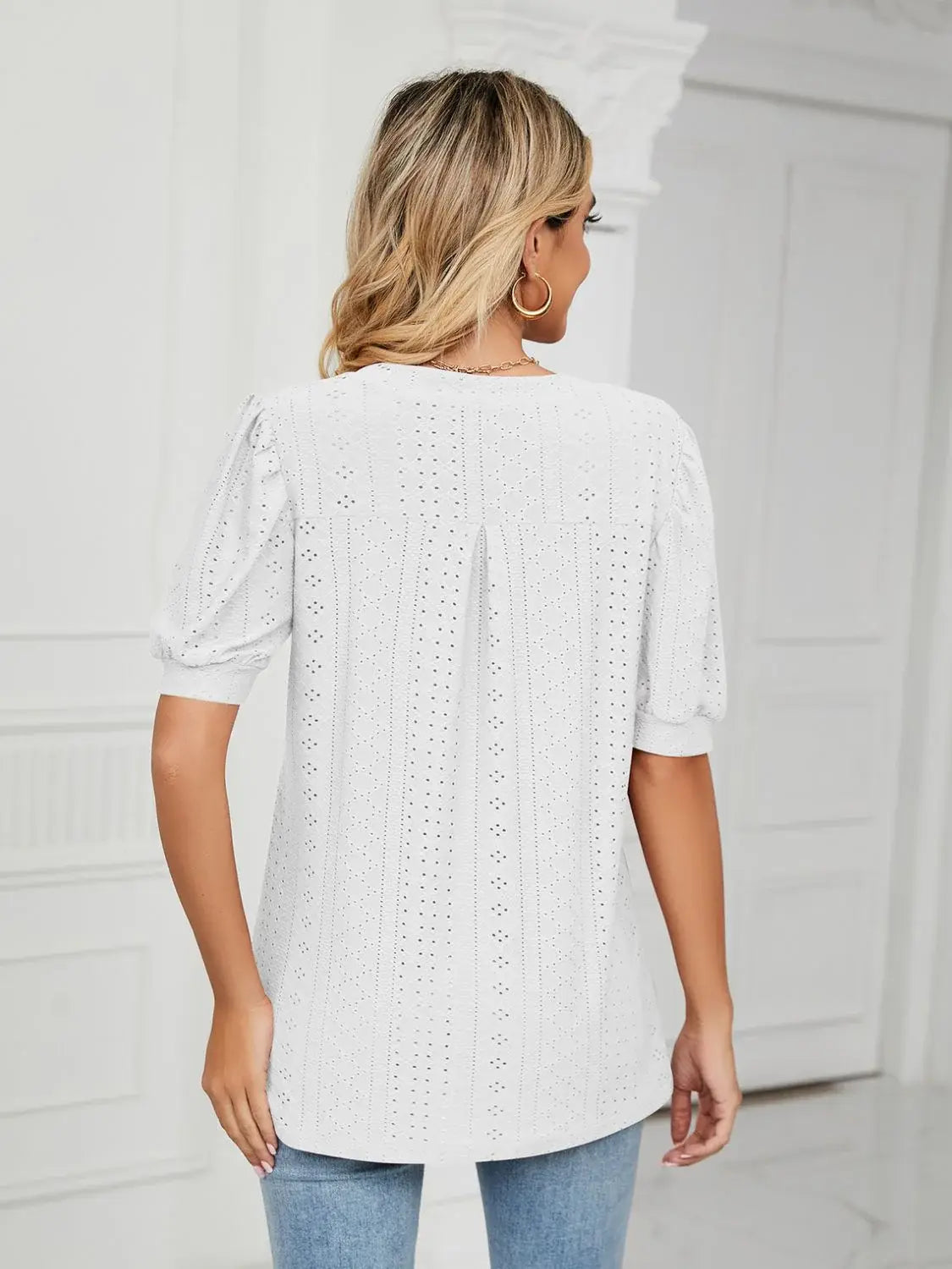 Florira Eyelet Notched Short Sleeve T-Shirt - Trendsi - Flyclothing LLC