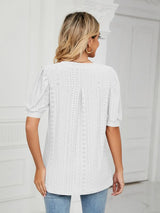 Florira Eyelet Notched Short Sleeve T-Shirt - Trendsi - Flyclothing LLC