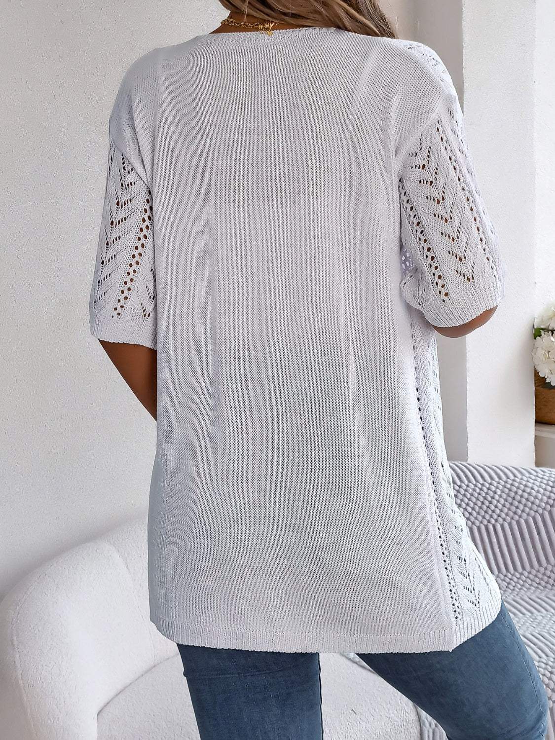 Openwork Open Front Half Sleeve Cardigan - Trendsi - Flyclothing LLC