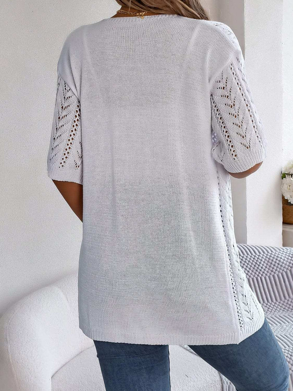 Openwork Open Front Half Sleeve Cardigan - Trendsi - Flyclothing LLC