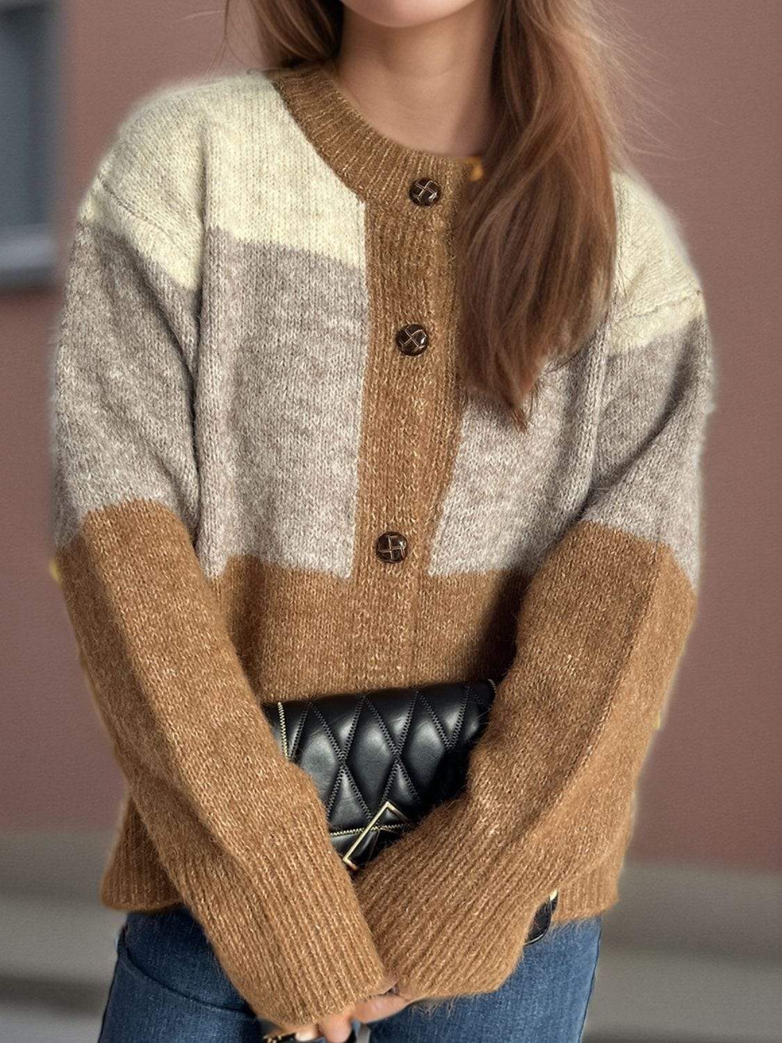 Color Block Round Neck Button Up Cardigan - Trendsi - Flyclothing LLC
