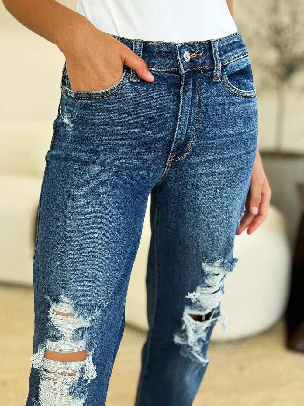 Judy Blue Full Size Mid Rise Distressed Raw Hem Jeans - Trendsi - Flyclothing LLC