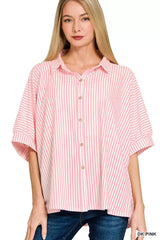 Zenana Oversized Stripe Button Down Shirt - Trendsi - Flyclothing LLC
