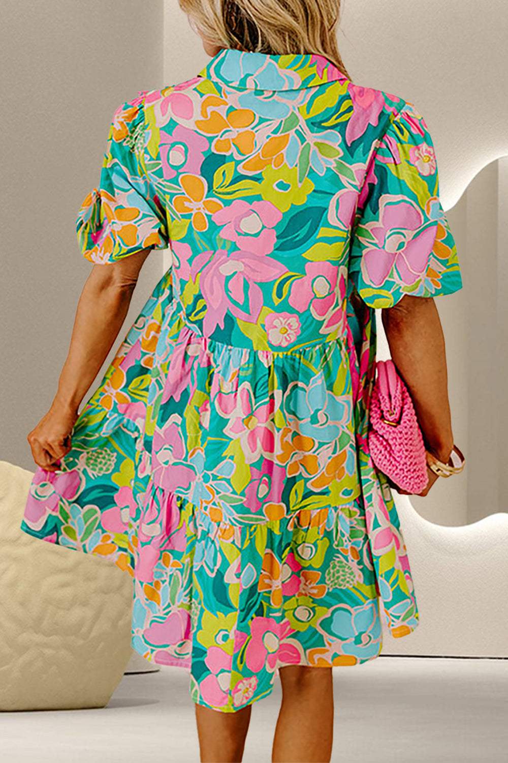 Printed Collared Neck Puff Sleeve Mini Dress - Trendsi - Flyclothing LLC