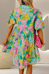 Printed Collared Neck Puff Sleeve Mini Dress - Trendsi - Flyclothing LLC