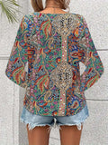 Printed V-Neck Long Sleeve Blouse - Trendsi - Flyclothing LLC
