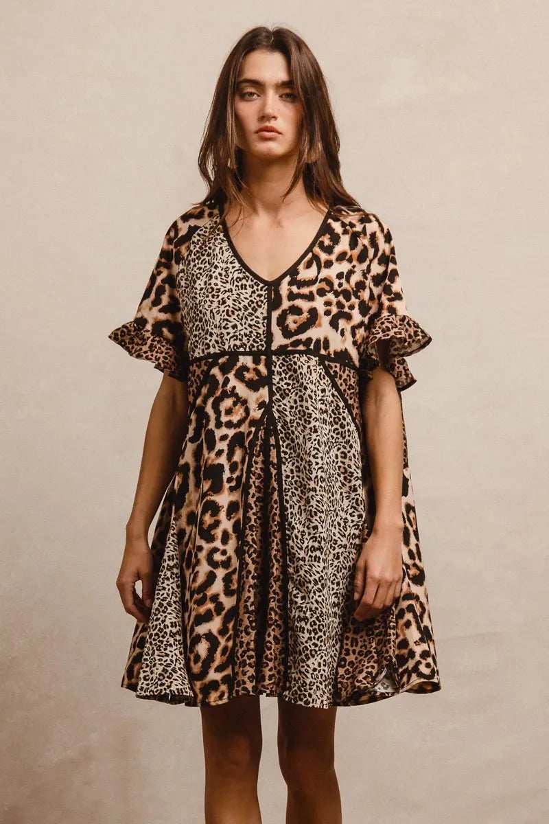 BiBi Leopard Prints Mix and Match Short Sleeves Dress - Trendsi - Flyclothing LLC