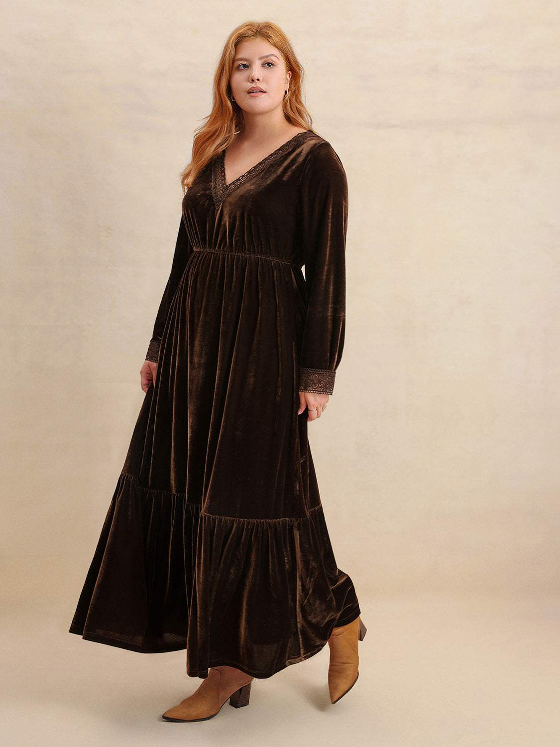 Plus Size Lace Detail V-Neck Long Sleeve Midi Dress - Trendsi - Flyclothing LLC