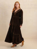 Plus Size Lace Detail V-Neck Long Sleeve Midi Dress - Trendsi