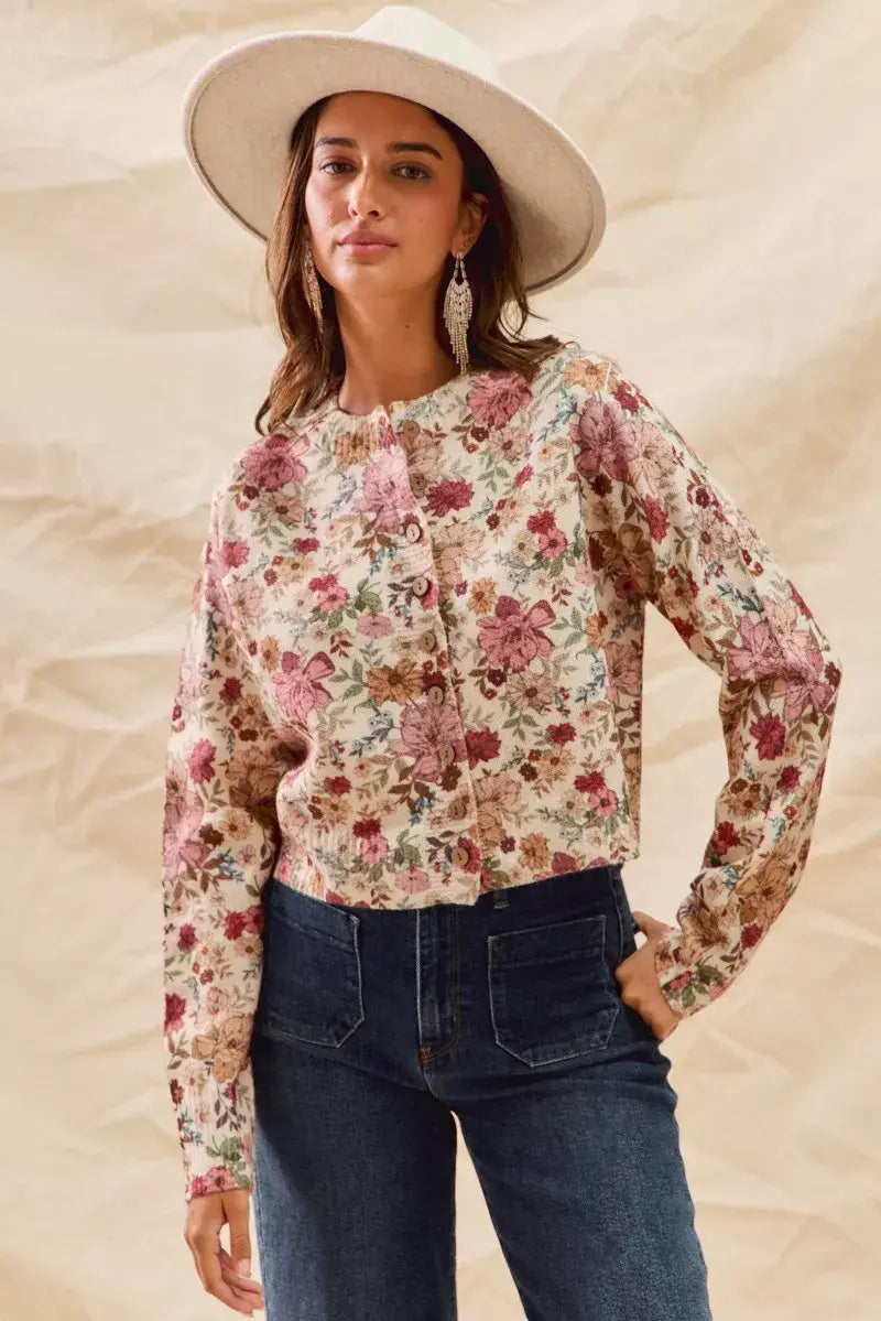 SO ME Floral Print Button Front Sweater Cardigan - Trendsi - Flyclothing LLC