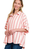 Zenana Woven Yarn-Dye Stripe Oversized Button Down Shirt - Trendsi