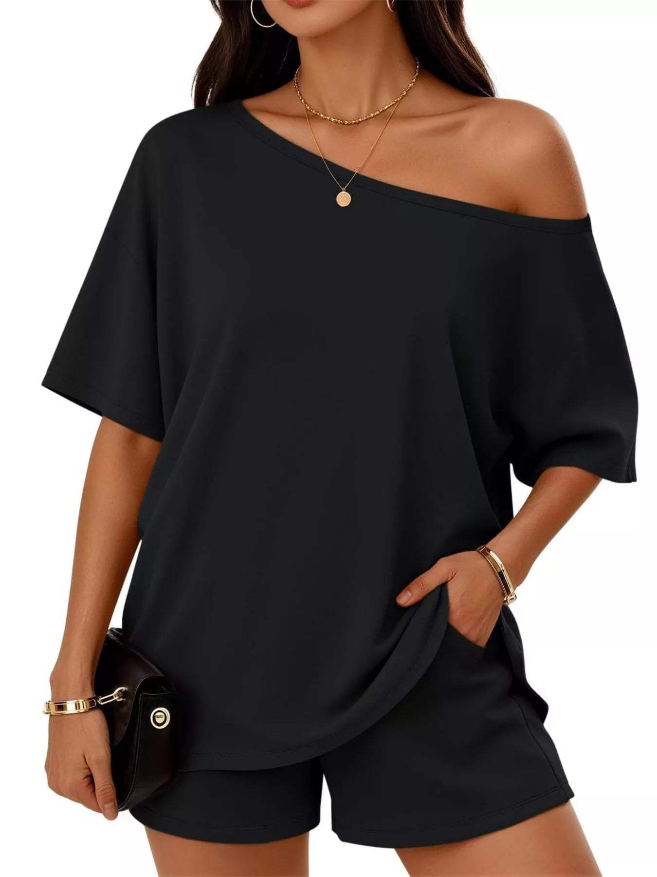 Full Size Boat Neck Tee and Shorts Set Plus Size - Trendsi - Flyclothing LLC