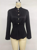 Striped Long Sleeve Peplum Blouse - Trendsi - Flyclothing LLC