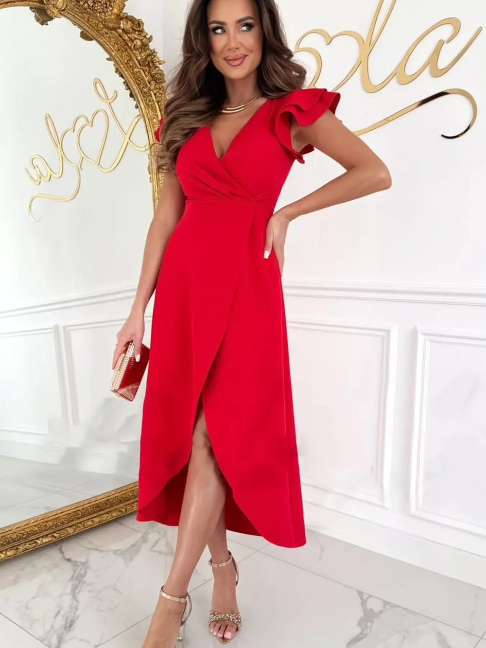 Ruffle Sleeve Wrap Midi Dress - Trendsi - Flyclothing LLC