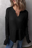Waffle-Knit Exposed Seam Notched Long Sleeve Top - Trendsi - Flyclothing LLC