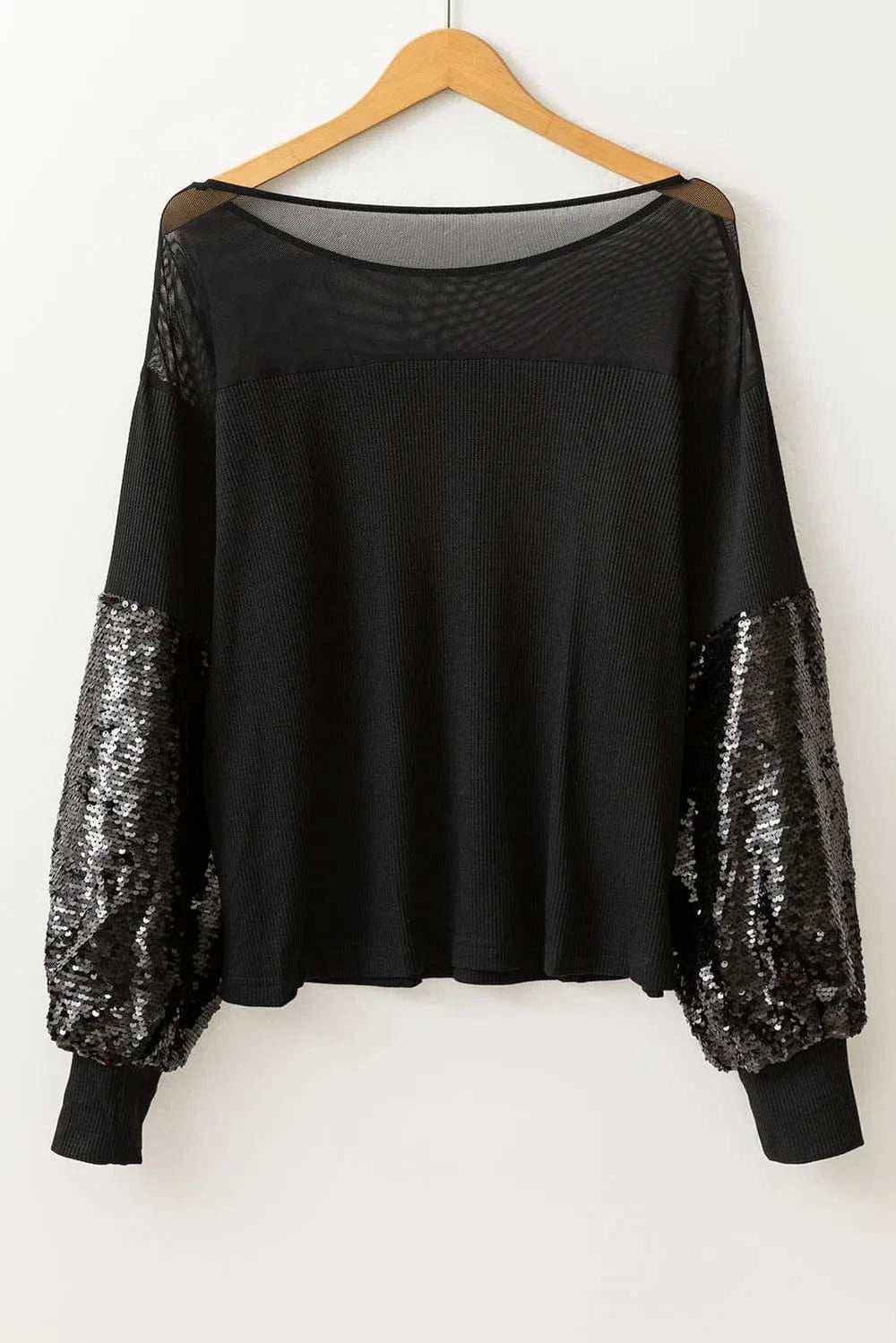 Sequin Boat Neck Long Sleeve Blouse - Trendsi - Flyclothing LLC