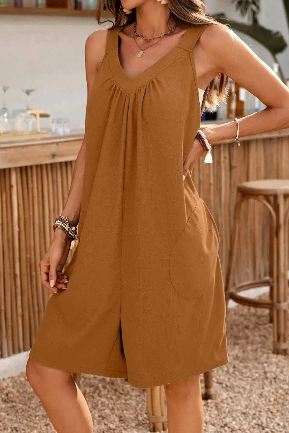 Casual V-Neck Sleeveless Romper with Pockets - Trendsi - Flyclothing LLC