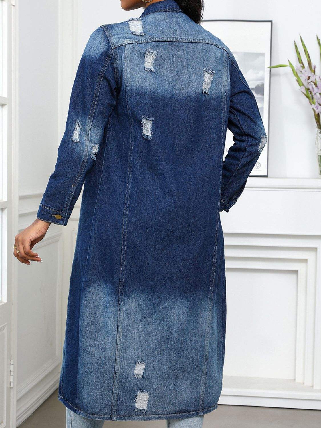 Distressed Button Up Collared Neck Denim Top - Trendsi - Flyclothing LLC