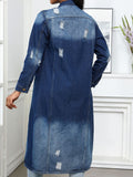 Distressed Button Up Collared Neck Denim Top - Trendsi