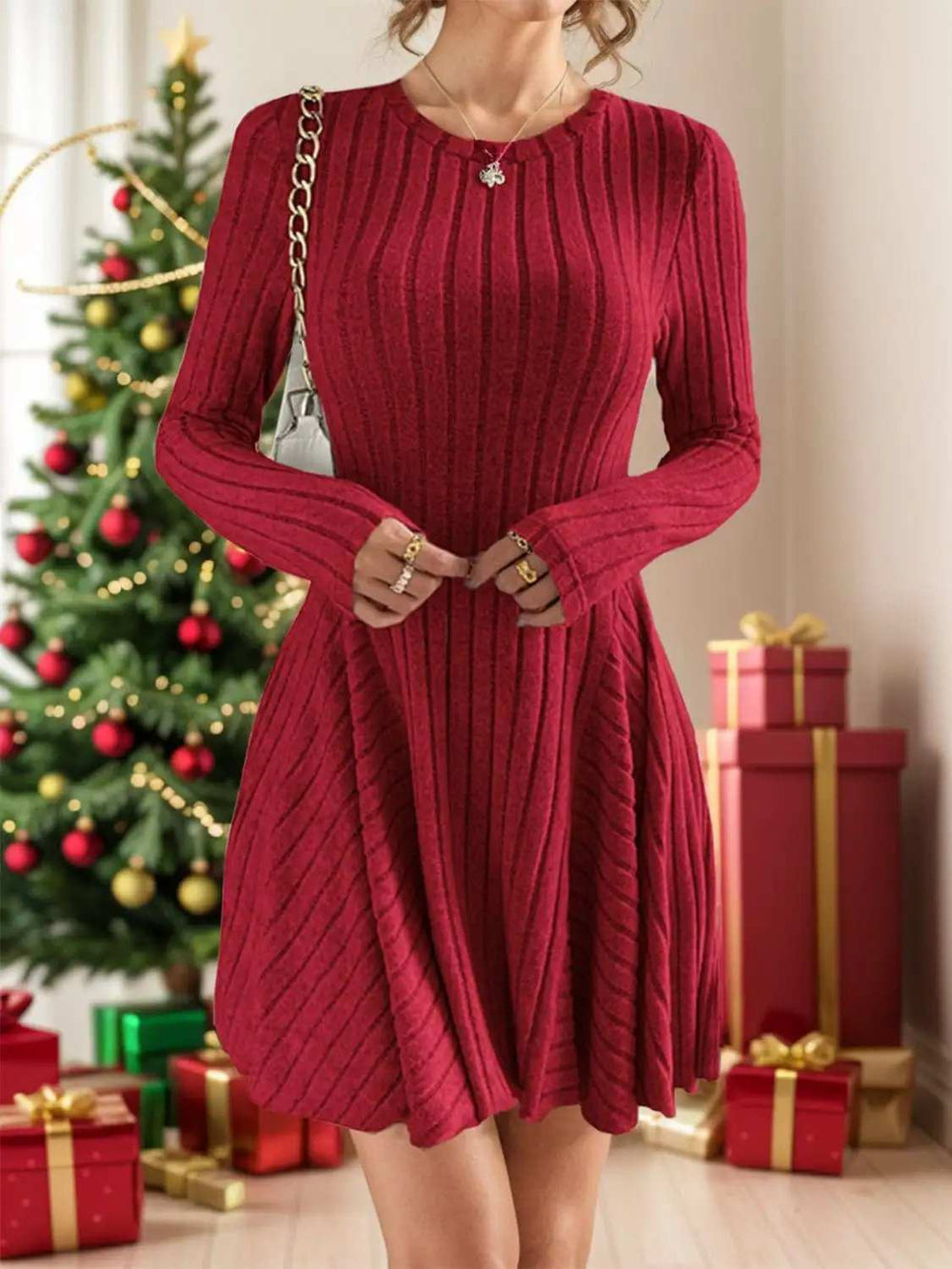 Ribbed Round Neck Long Sleeve Dress - Trendsi - Flyclothing LLC