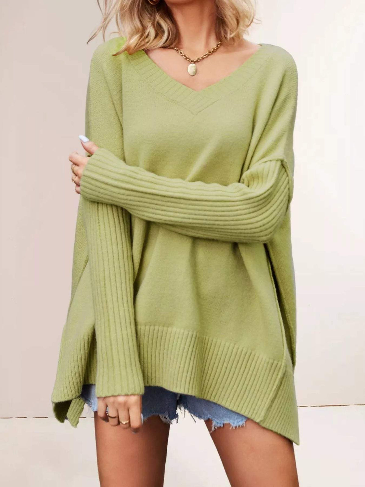 V-Neck Ribbed Sleeve Sweater - Trendsi - Flyclothing LLC